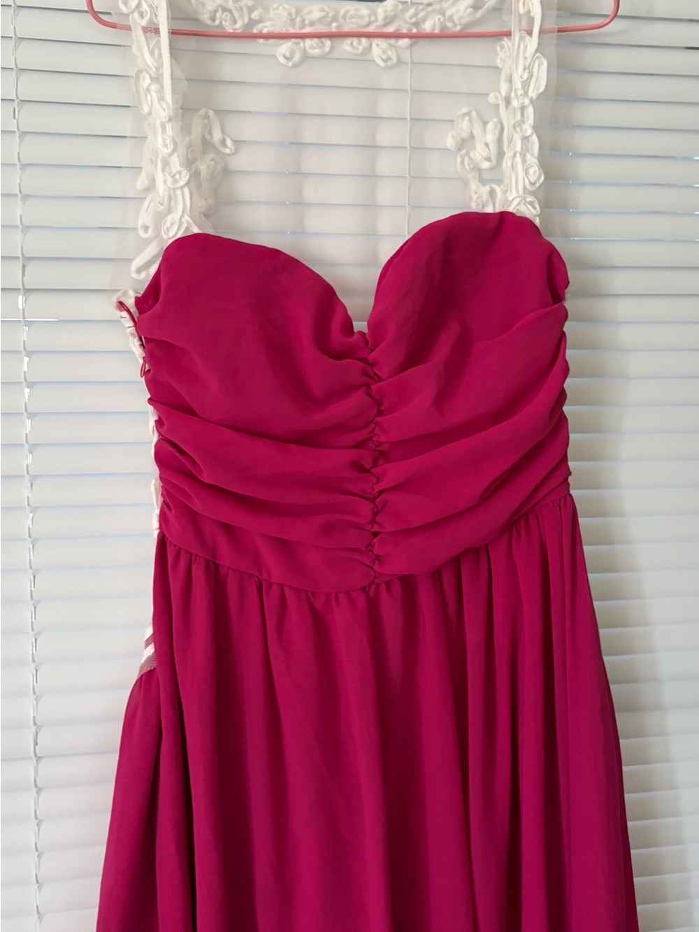 Fuchsia Ruched Sweetheart Dress with Lace Straps